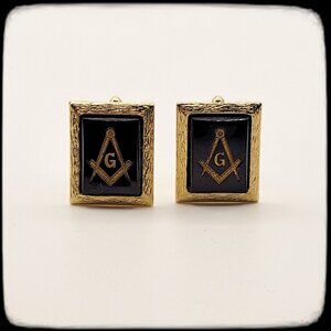 💥Vintage Men's Mason Masonic Cufflinks Pair Black Onyx Gold Tone Unbranded.💥